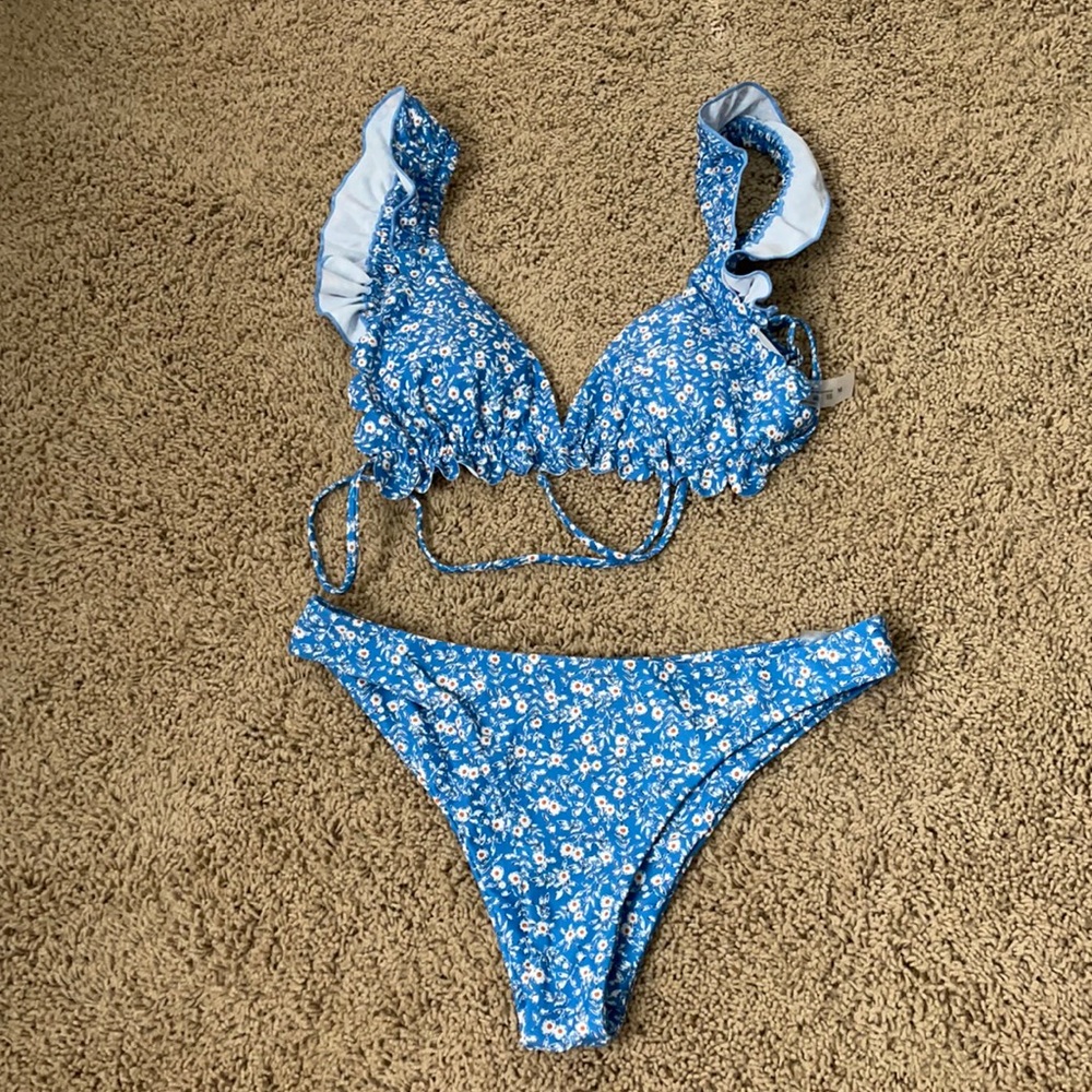 Shein Blue Floral Bathing Suit Ser